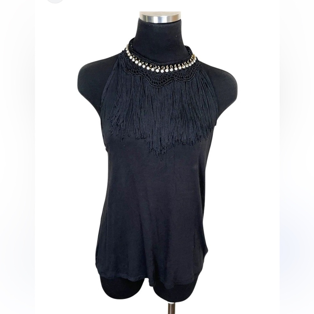 Maeve fringe beaded tassel black halter tank top SZ L Anthropologie